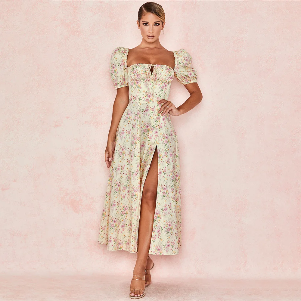 Женское летнее платье EAGLEWOLF с высокой талией разрезом и цветочным принтом