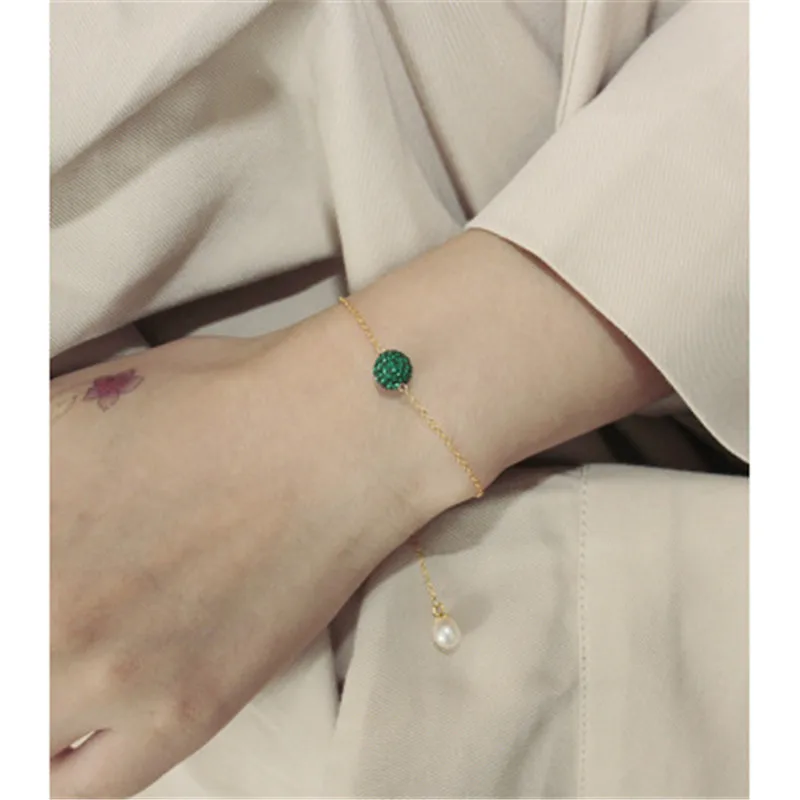 Браслет с зеленым цирконием и бусинами Olivet Золотое звено благородный элегантный