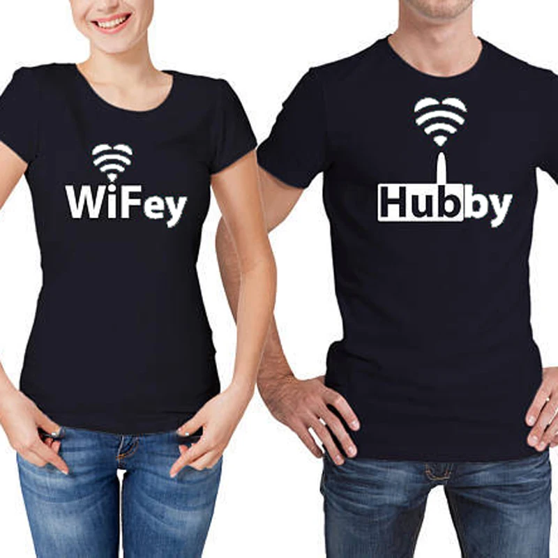 

Женские Забавные футболки с надписью, футболка с подарком для любимого Hubby Wifey Heart Wi-Fi для пары, летняя уличная одежда для влюбленных