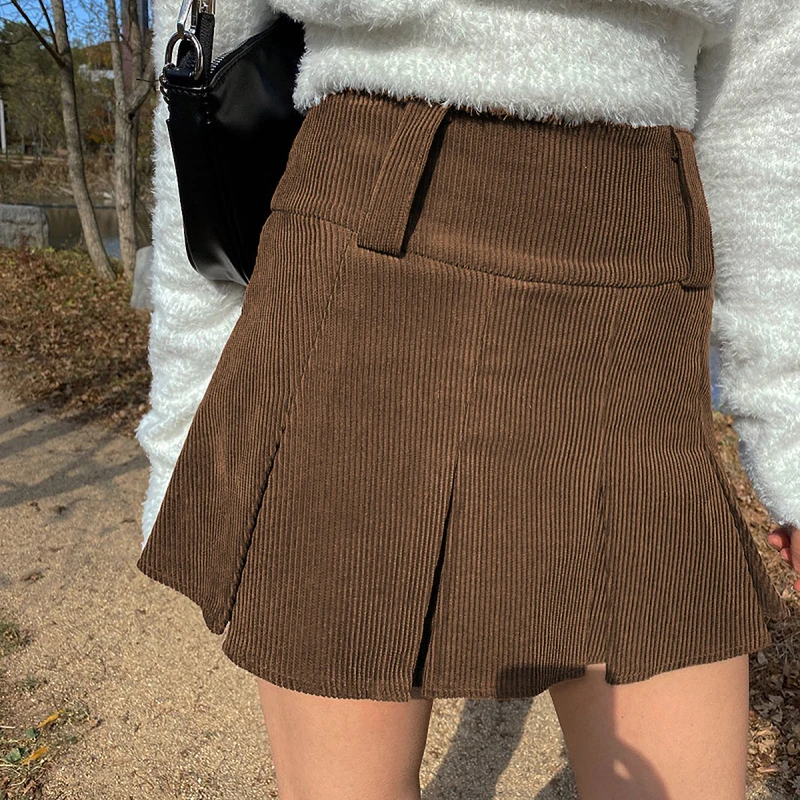 

Brown Y2K Kawaii Pleated Corduroy Skirts Women Vintage 90s Aesthetic School Girl Mini Skirt Lace Trim Hem Cute Clothes Autumn