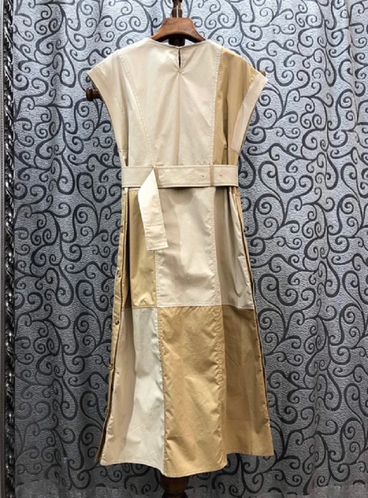 

Top Quality Cotton Dress 2020 Summer Style Women Color Block Patchwork Tunic Buttons Belt Deco Sleeveless Mid-Calf Dress Work