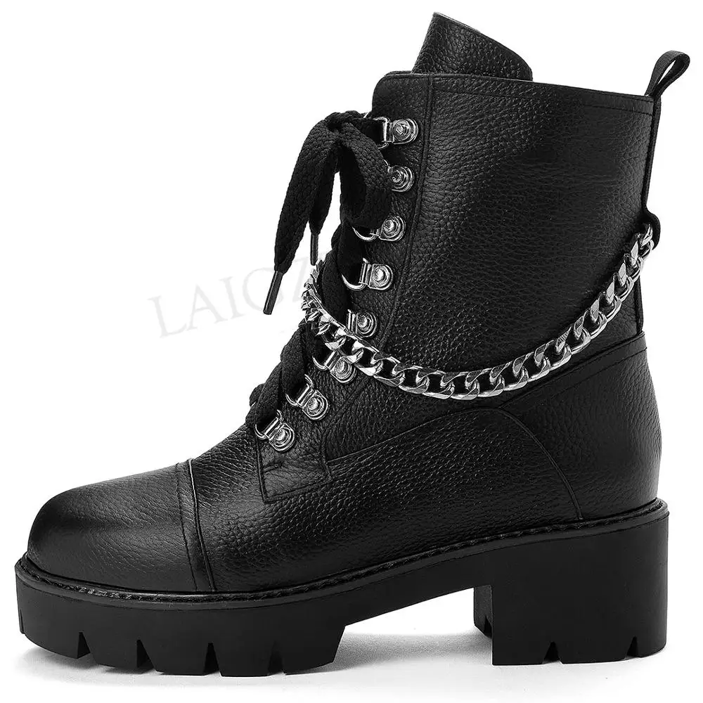 LAIGZEM/женские кожаные ботильоны с металлической цепочкой не сужающийся книзу