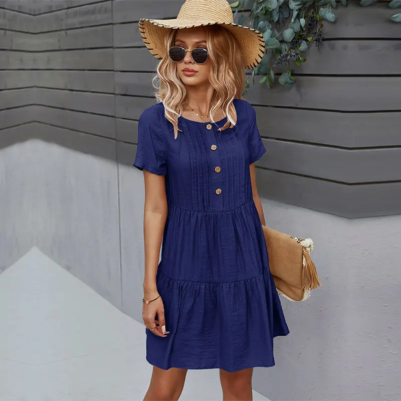 

Ladies Elegant O Neck Button Solid Chic Dress Women's 2021 New Spring Summer Loose Short Sleeve A Line Dress
