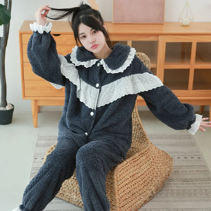 

Winter Berber Fleece Warm 2PCS Homewear Ladies Lace Ruffles Sweet Pajamas Suit Loose Thicken Sleepwear Plush Casual Nightwear