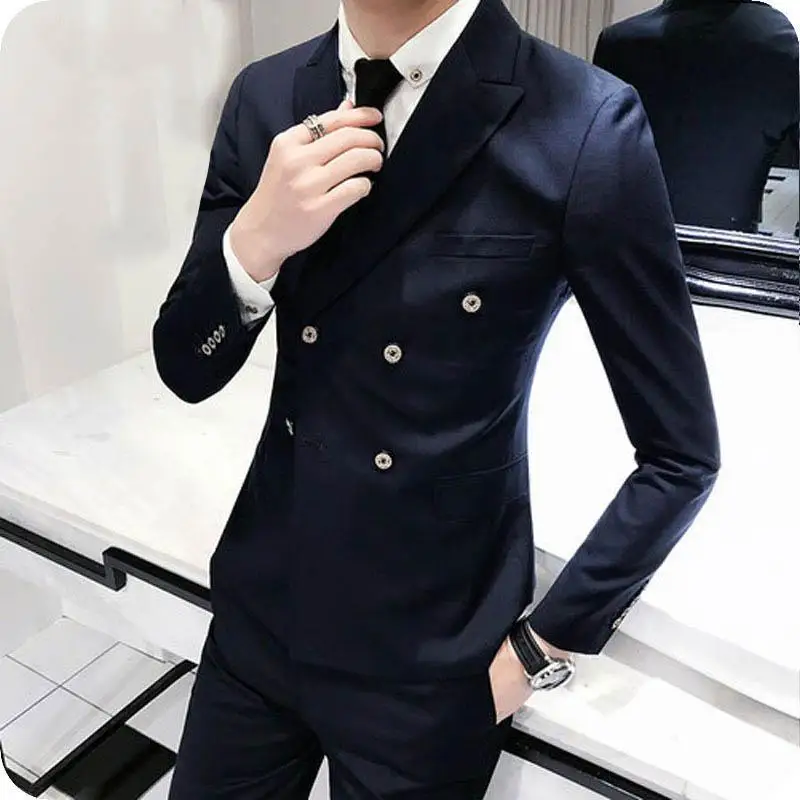 Navy Men's Classic Wedding Suits Pants Peaked Lapel Double Breasted Groom Tuxedos Man Blazer Slim Fit Terno Masculino 2Piece