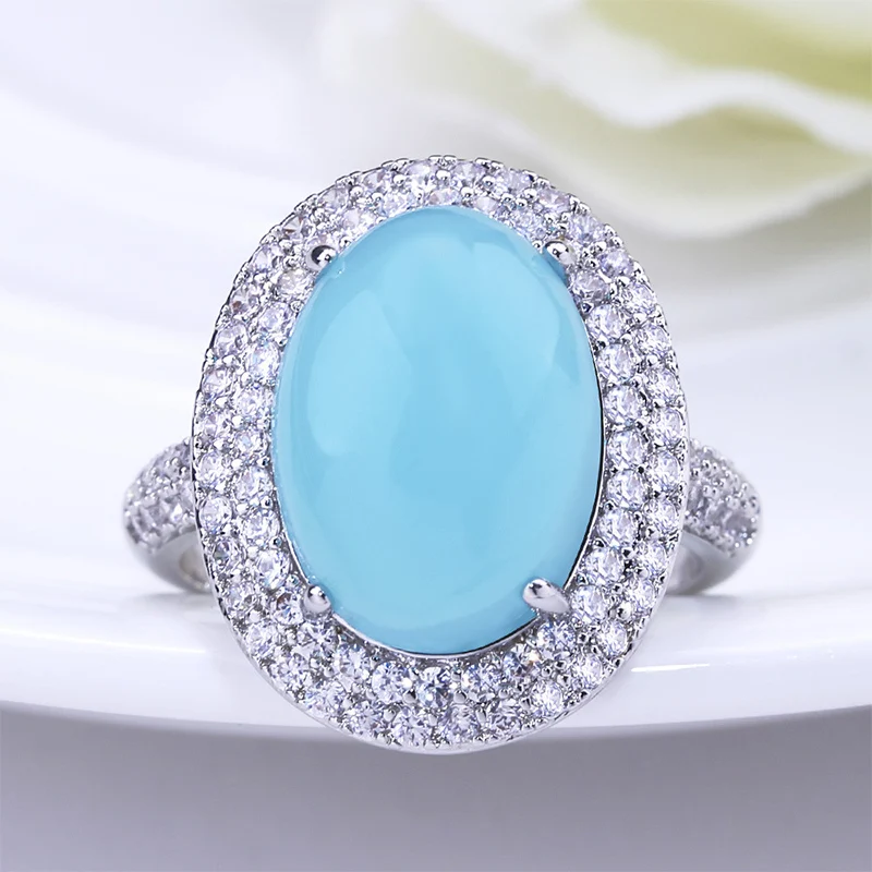 Luxury Big Blue Oval Moonstone Ring For Women Girl Fashion Crystal Silver Color Rings Wedding Engagement Jewelry Anillos Mujer | Украшения