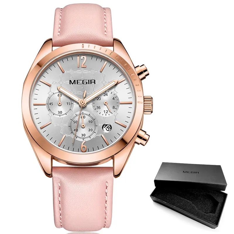 ML2115L-Pink Megir женские кожаные кварцевые часы, часы с хронографом, 24 часа, водонепроницаемые наручные часы для девушек и женщин, Relogios Femininos, 2115 розовый цвет - Цвет: ML2115L-Pink
