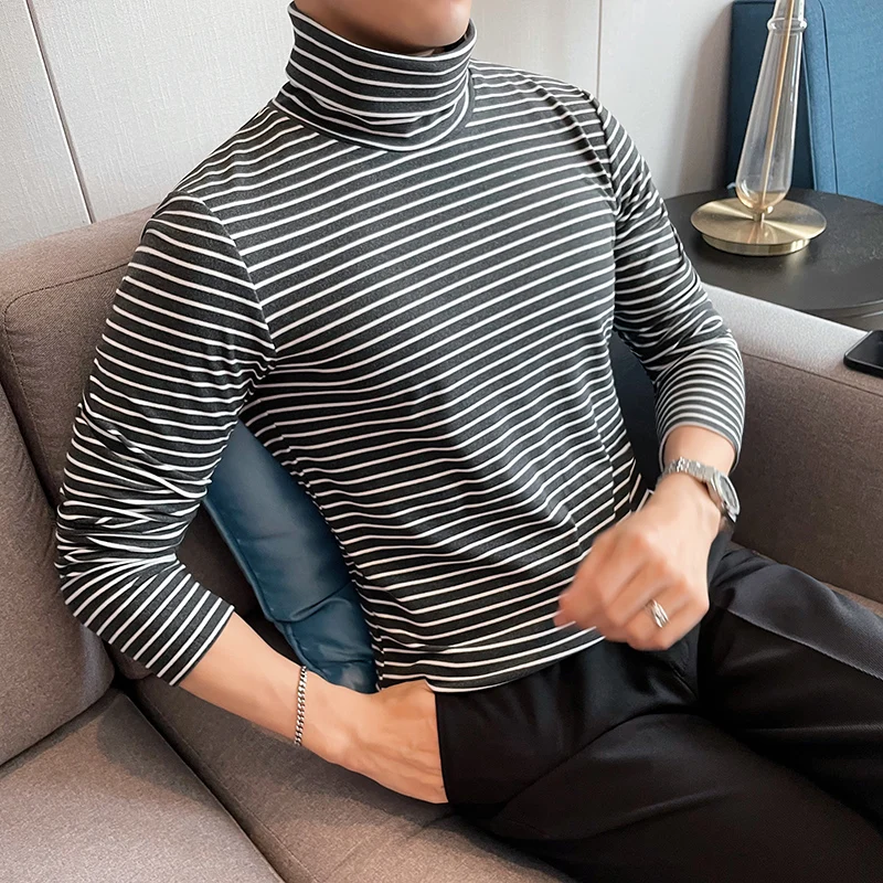

Classic Striped T-shirt Men 2021 Autumn Long Sleeve Slim Turtleneck T-shirt Solid Color Keep Warm Casual Tee Tops Male Clothing