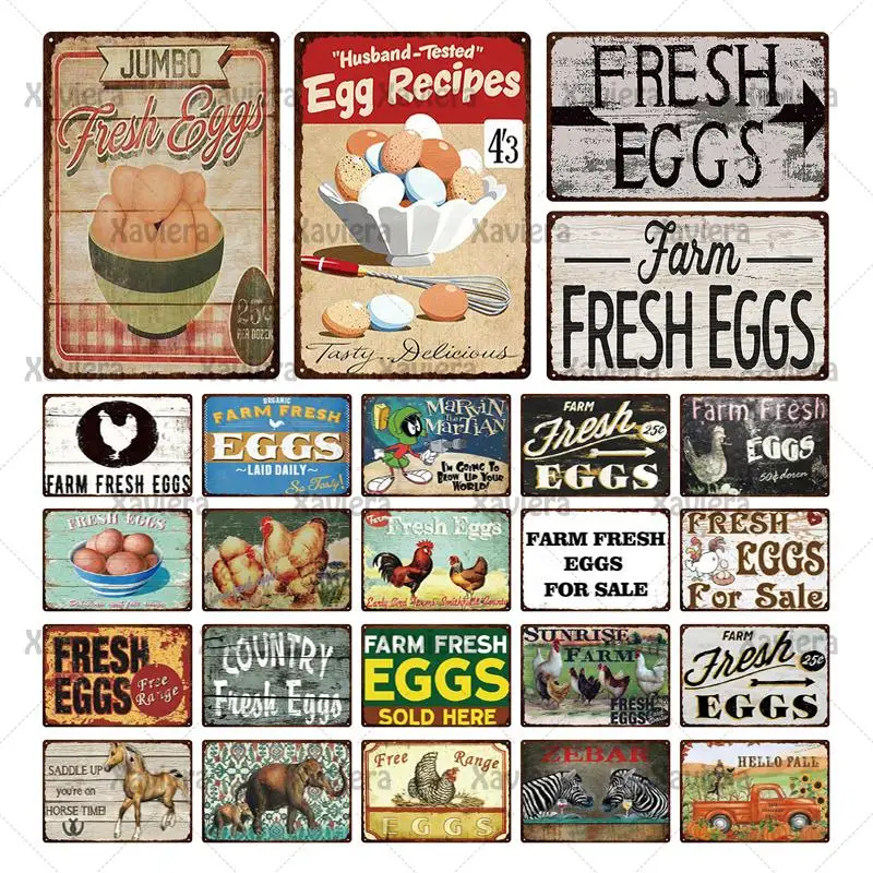 

Fresh Eggs Metal Plaque Chicken Coop Retro Vintage Metal Tin Sign Home Decoration Farm Restaurant Bar Decoration Wall Sticker