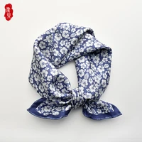 blue natural silk twill scarf women printed little flower 100 real silk scarves 50cm small square shawl headband lady gift