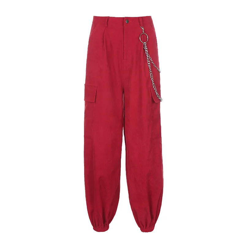 

Women Cargo Pants Women Streetwear Pockets Chain Corduroy Pants Jogger Baggy Women Trousers Red Retro Y2k Pants 90s Harajuku