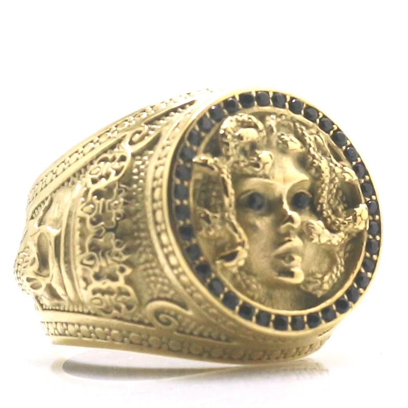 

Кольцо унисекс из нержавеющей стали 316L золотого цвета с черным камнем Медуза Змея черепа