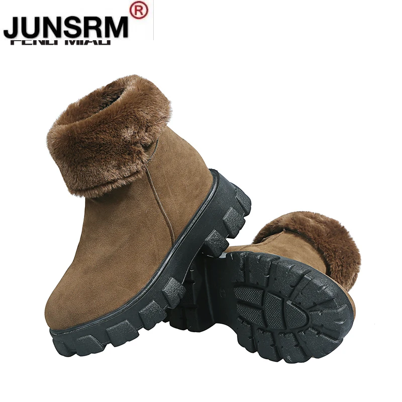 

Winter Simple Ankle Boots Comfortable Flock Leather Zip Solid Color Keep Warm Women Boots Plush Platform Increased Snow Boots