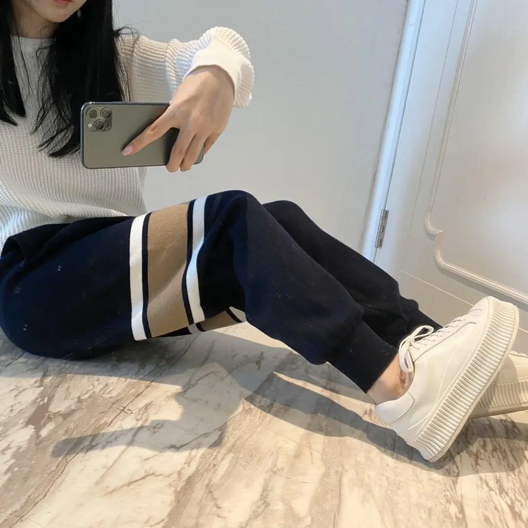 

Student pants women's loose and thin spring and autumn stripe contrast color knitting leisure wool sports Harlan sports pants