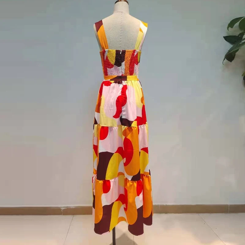 

Summer Women Vintage Runway Fashion Sleeveless Sexy V-Neck Geometric Print 3D Bow Elegant Long Beach Dress