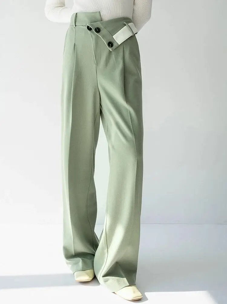 

Women's spring Personality asymmetry waist Green simple suit pants Straight wide leg suit pants