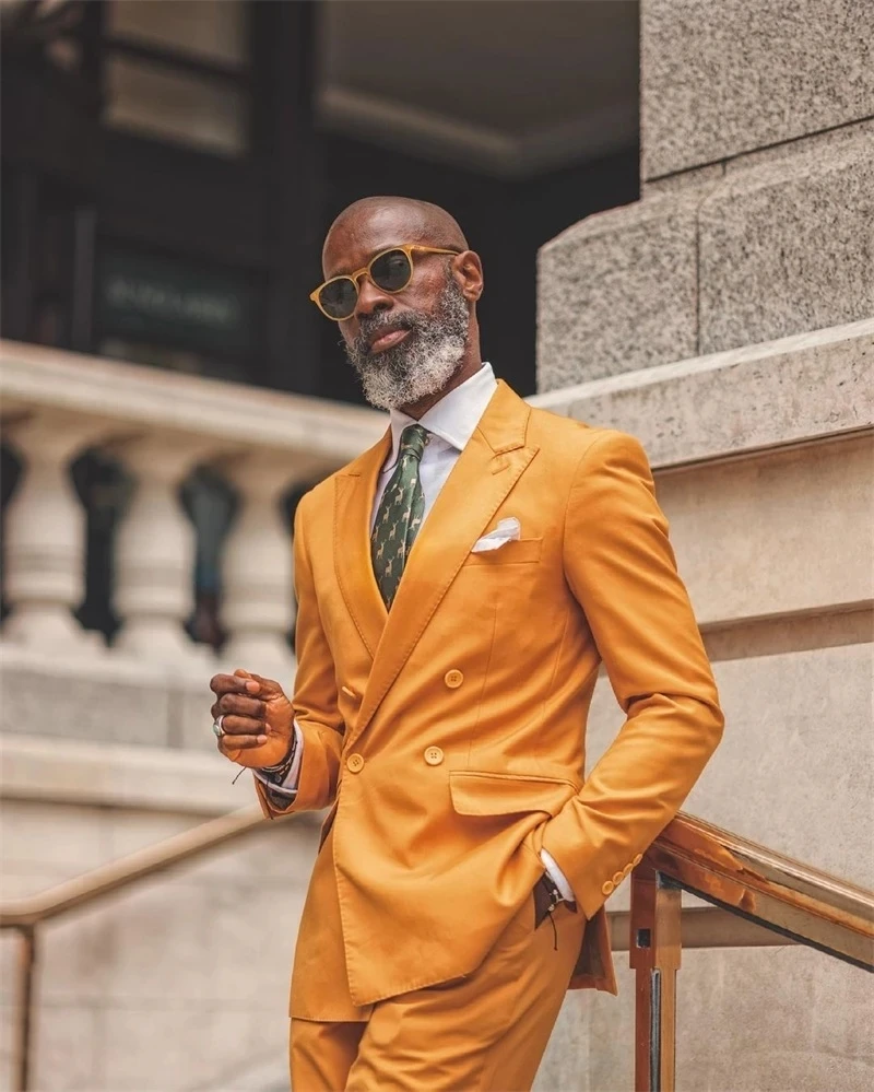 

2 Pieces Men Suits Bright Yellow Jacket+Pant Custom Made Wedding Suits Fit Slim Double Breasted Formal Party Suit Male Coat Pant