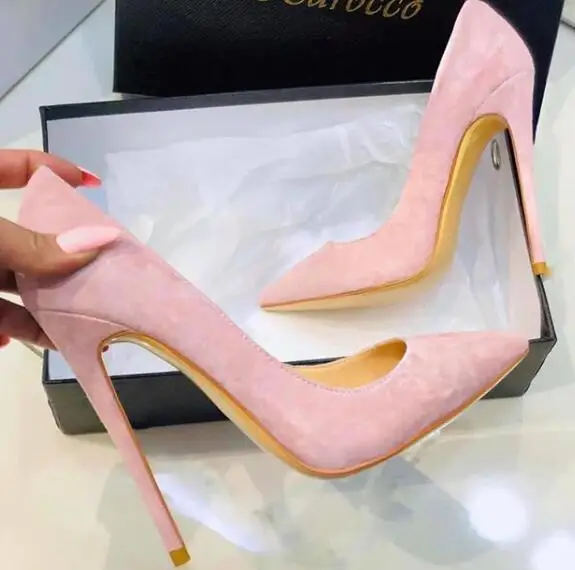 Moraima snc Pointed Toe Light Pink Suede High Heel Shoes Sexy 12CM Thin Heels Stiletto Shallow Woman Pumps | Обувь