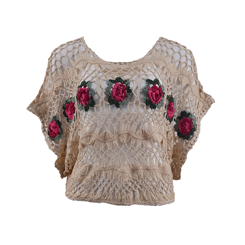 

Летняя женская блузка рубашка Весна ручная работа свободная футболка Топ рукав летучая мышь короткий рукав вязанный цветок женская рубашк...