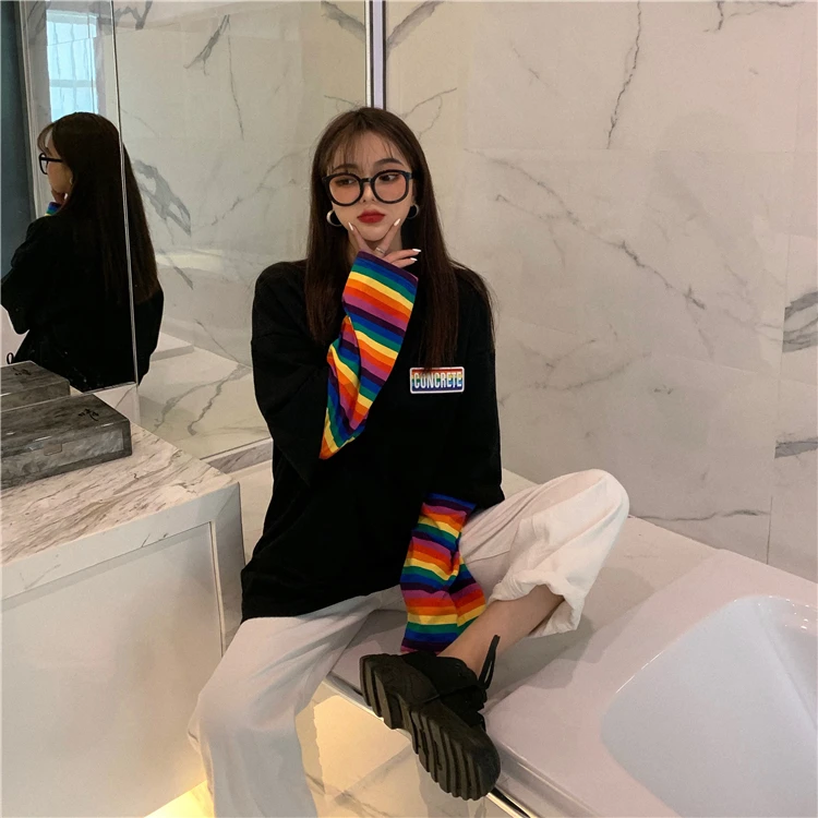 Harajuku футболка женская осенняя одежда корейский стиль полосатый лоскутный рукав футболки женские повседневные футболки Топ