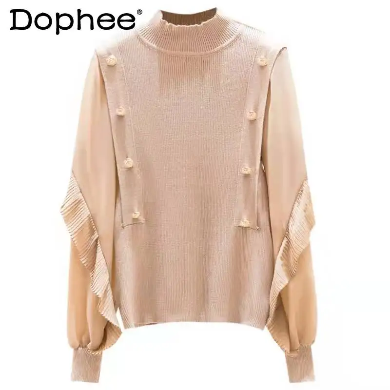 

Новинка весна-осень 2021 Корейская прямая шифоновая Лоскутная водолазка с оборками эластичная Базовая Трикотажная