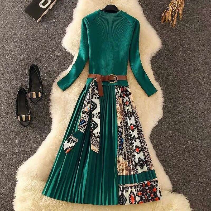 Fashion Long Sleeve O Neck Belt Midi Dresses Elegnat Women's Knitted Patchwork Printing Pleated Dress Autumn