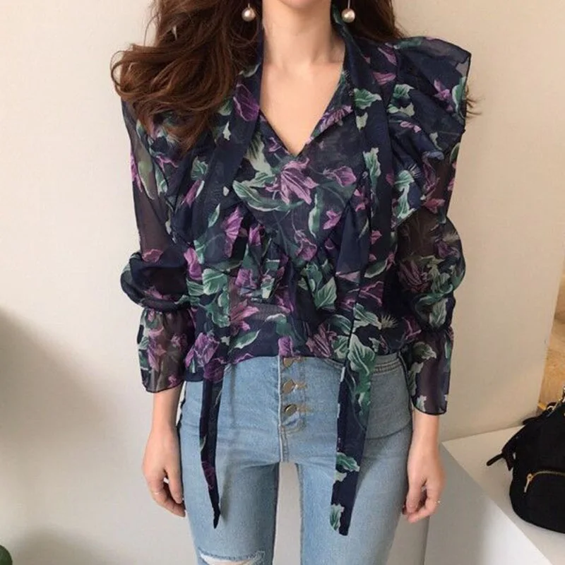 

Women's V Neck Floral Print Lacing Sexy Sweet Long Sleeve Chiffon Blouse Shirts