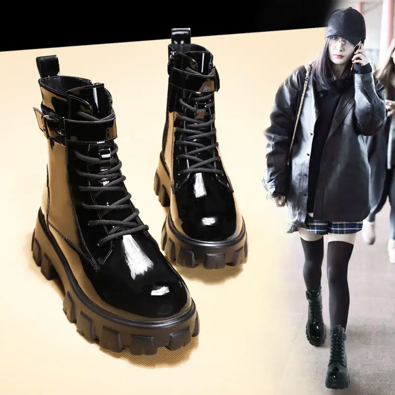 

Женские зимние ботинки на платформе, новые байкерские полусапожки в британском стиле ретро, осенне-зимняя Толстая хлопковая обувь, женские ...