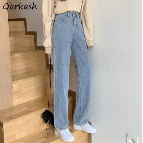 

Straight Jeans Women High Waist Spring Autumn BF Casual Washed Fashion Trousers All-match Full Length Korean Style Simple Design