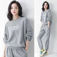 waffle chic casual outfit women 2 piece set oversized light grey o neck pullover topskorean basic capris jogging pants suit