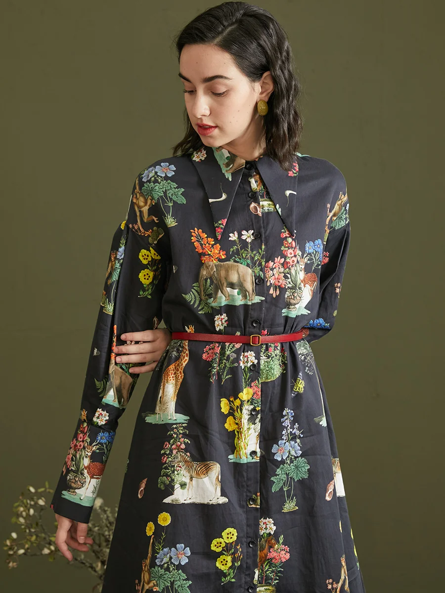 

Biutefou2021 Women Long Fawn Elephant Zoo Print Shirt Dress