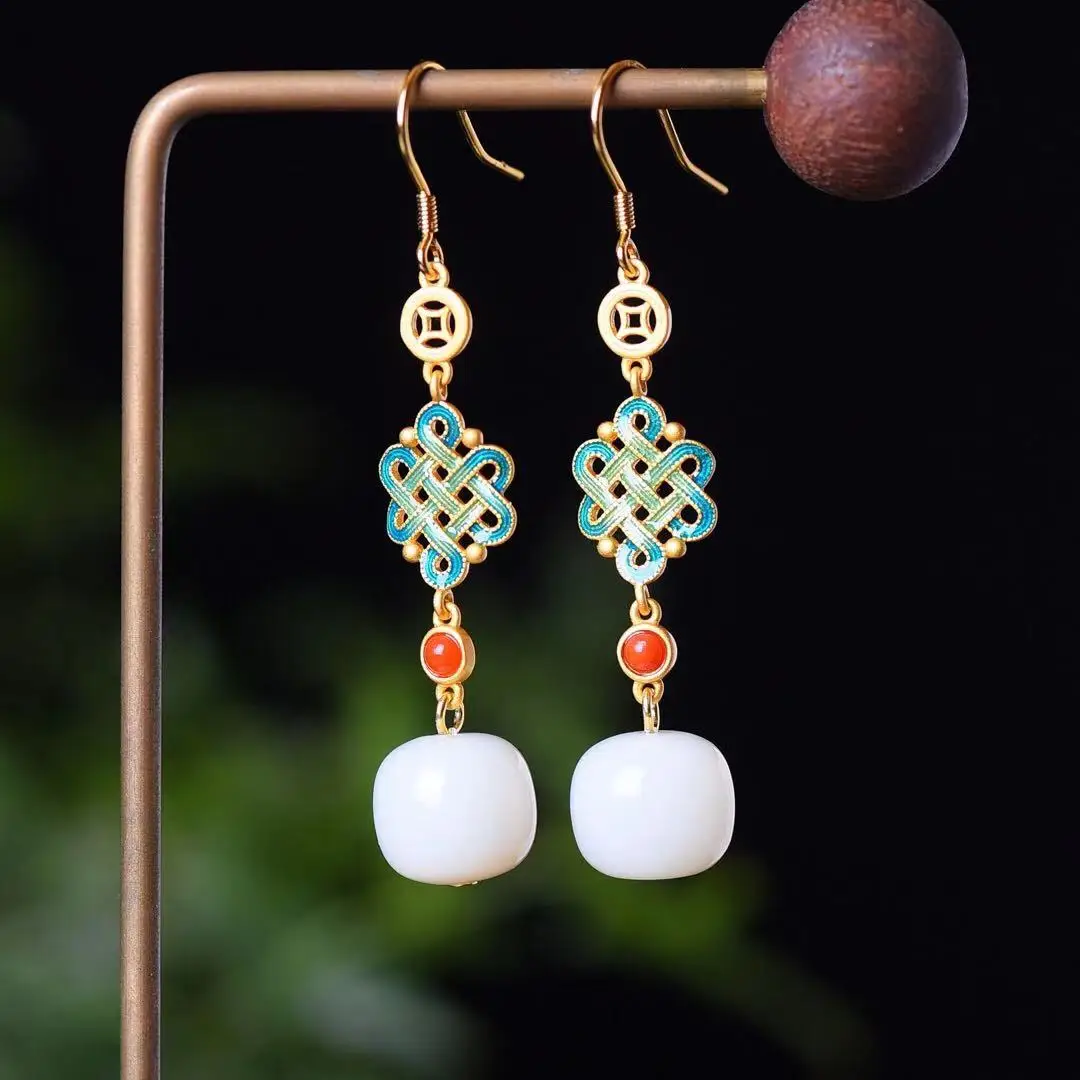 

Natural 925 Silver Inlaid Hetian Jade Enamel with Southern Red Earrings