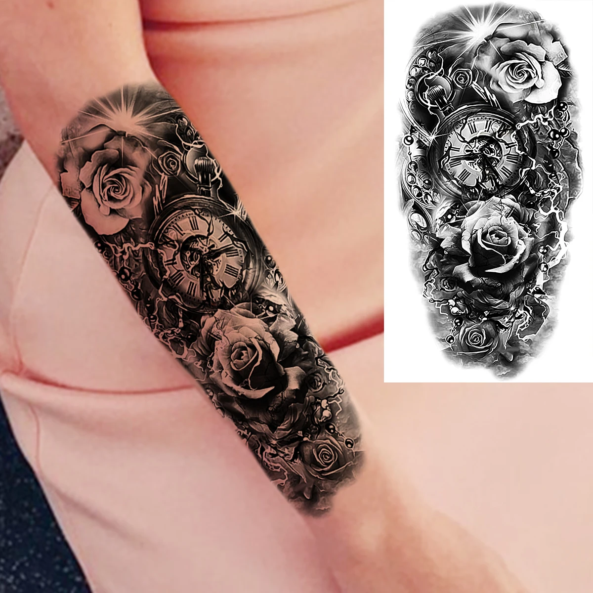Временные татуировки для мужчин и женщин 3D Черный череп скелет цветок волк Лев