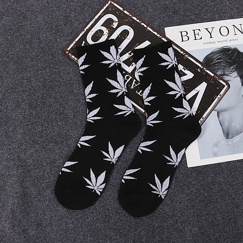 Hot Sale Popular Fashion Women Black White Letters Leaves Hip Hop Simple Long Street Skateboard Spring Autumn Socks For Girls