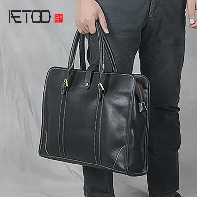 Сумка AETOO мужская кожаная портфель горизонтальный большой вместимости на одно