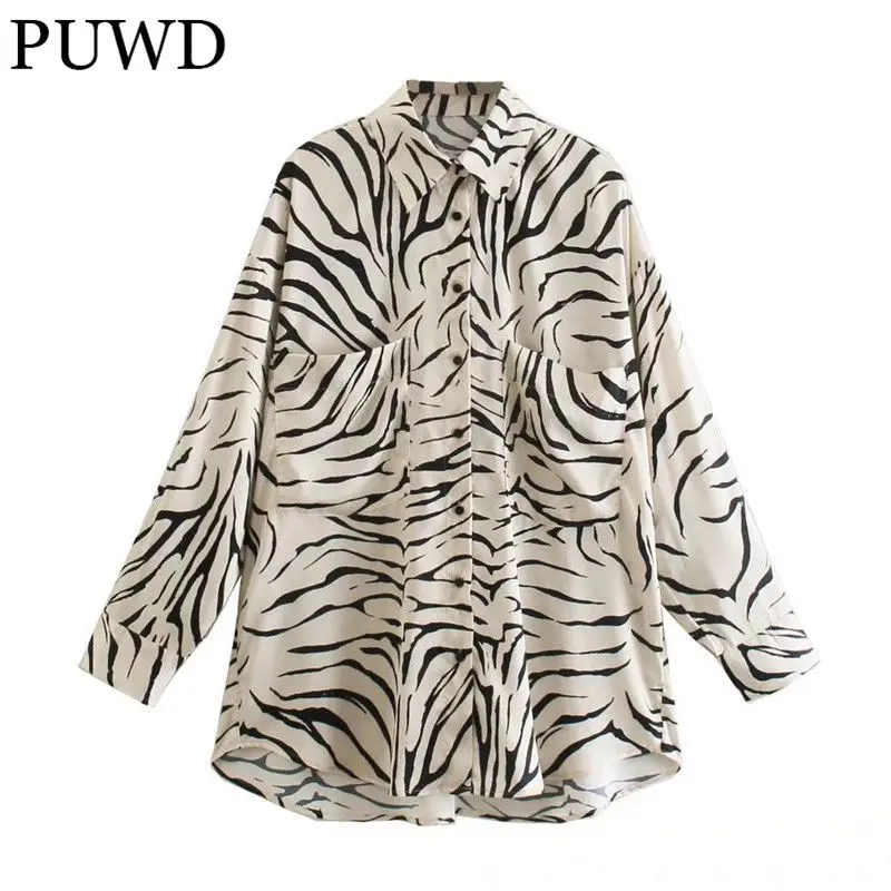 

PUWD Oversize Women Turn-down Collar Blouse 2021 autumn Fashion Ladies High Street Shirt Female Animal pattern Loose Shirt