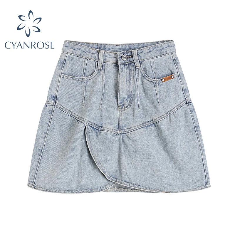 Женская джинсовая мини юбка с высокой талией повседневная трапециевидная
