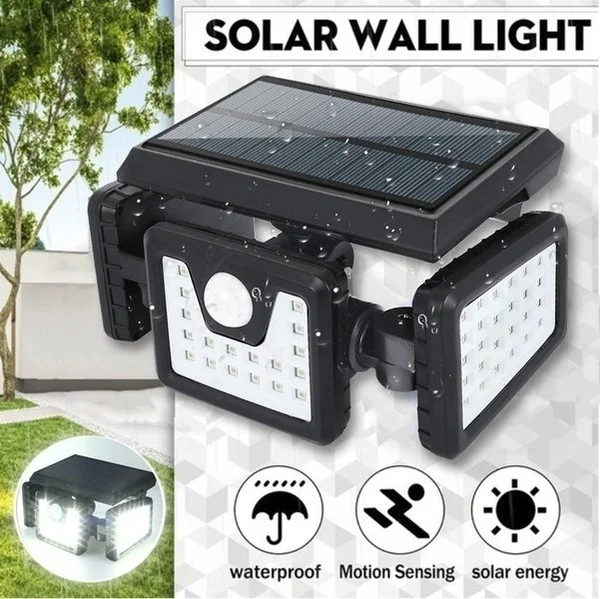 

100 Led Solar Lights Outdoor 3 Head Motion Sensor Remote Control 270 Wide Angle Illumination Super Bright Waterproof Wall Lamp