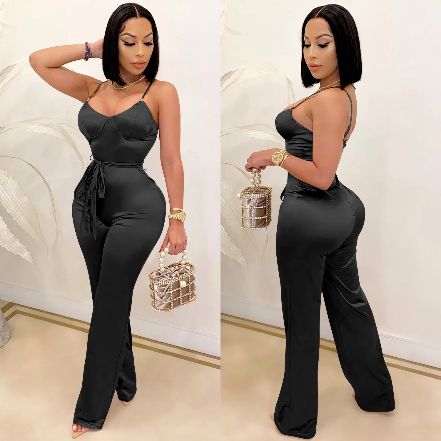 New Women Spaghetti Strap Sleeveless Straight Jumpsuit Women Sexy Club Open Back High Waist Rompers One Piece Overalls Plus Size