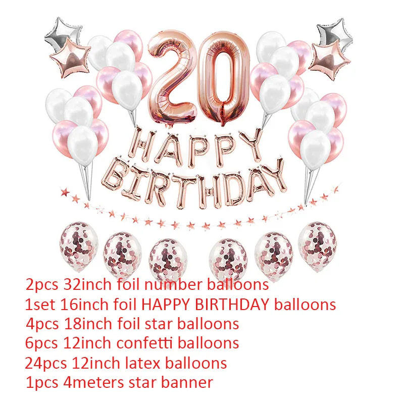 38pcs 32inch Happy 20 Birthday Foil Balloons Rose Gold Blue Pink Number 20th Years Old Adult Party Decorations Man Woman Supplie | Дом и сад