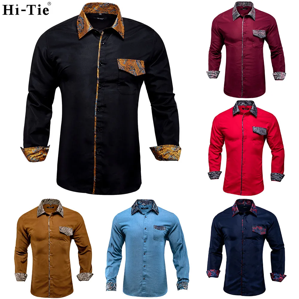 

Hi-Tie Men Silk Shirts US Size New Arrival Slim Fit Male Shirt Solid Long Sleeve British Style Cotton Mens Shirt Office Business