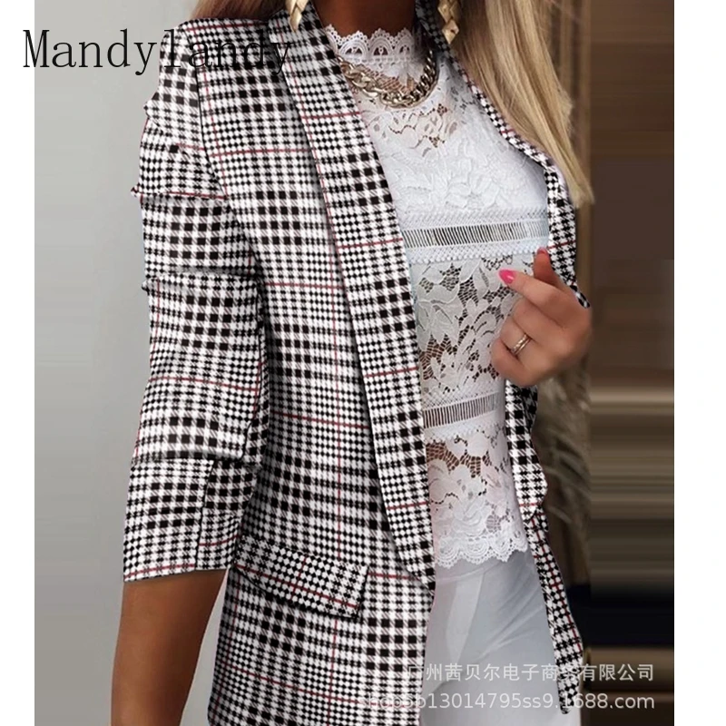 

Mandylandy Outwear Jackets Fashion Suits Slim Blazer Printed Long Sleeve Loose Light Plaid Women Blazer Summer Casual Cardigan
