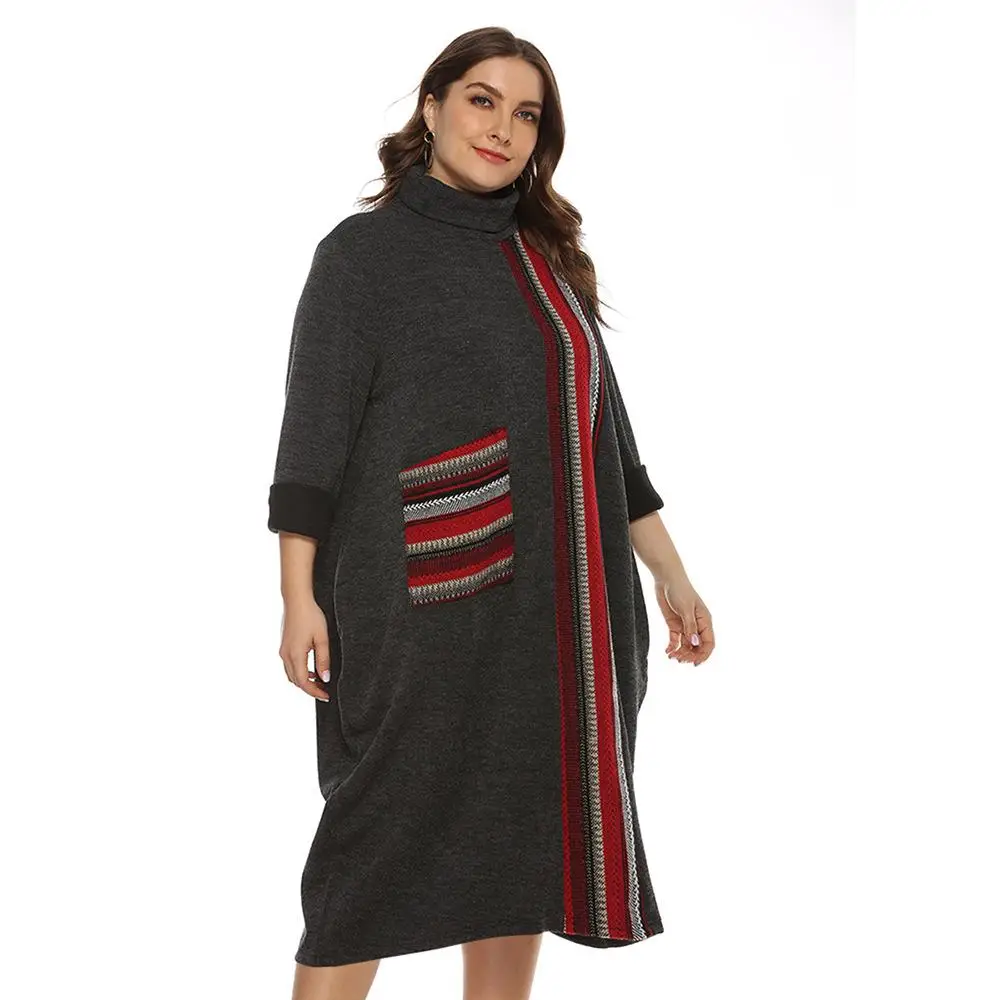 

5xl elegant plus size winter dress striped casual turtleneck women dress big size loose gray cotton knitted dress large vestidos