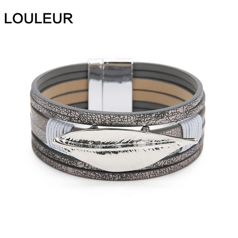 LOULEUR, красный сплав, листья, многослойный кожаный браслет для женщин, Ретро стиль, богемное очарование, широкие браслеты и браслеты, ювелирное изделие, подарок
