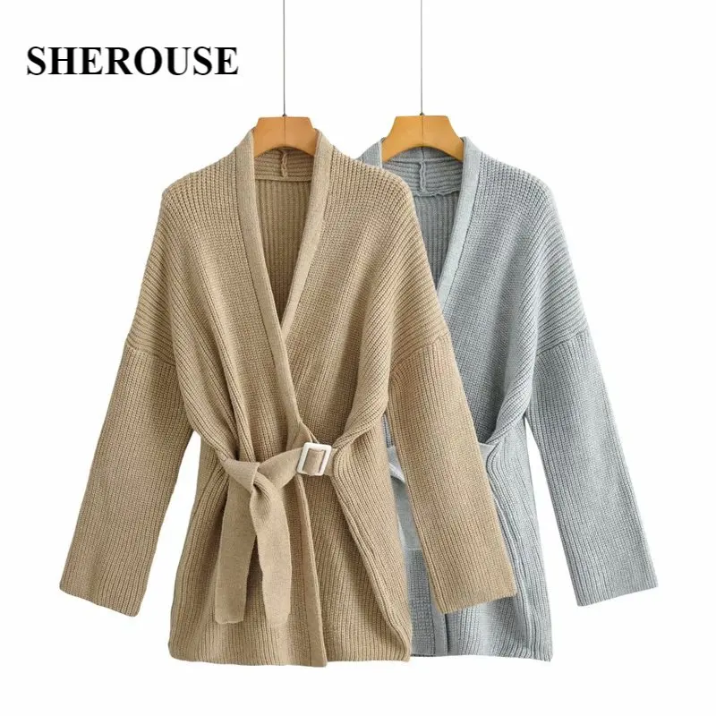 

SHEROUSE Fashion Knitted Cardigan with Adjustable Belt Women Long Sleeves V-neck Vintage Knit Sweater Woman Chic Lady Tops