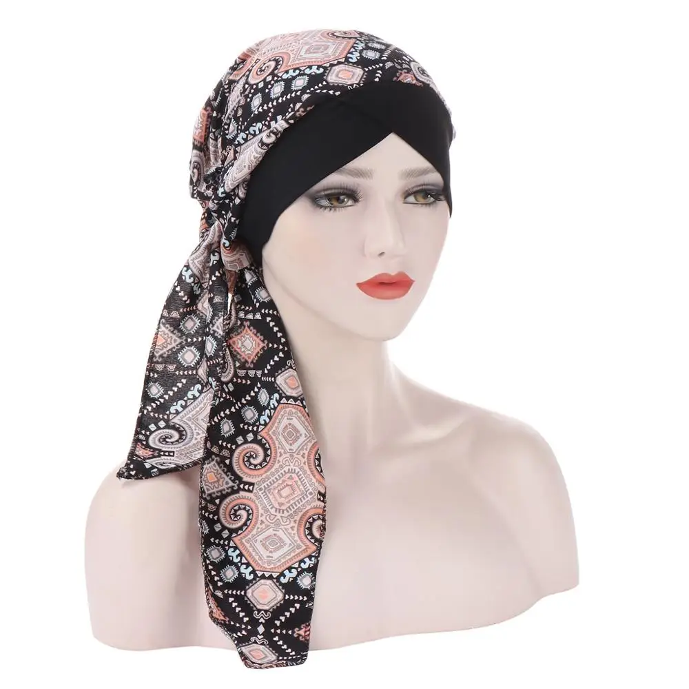 

Muslim Women Forehead Cross Turban Hat Pre-Tied Print Flower Headscarf Cancer Chemo Beanies Bonnet Caps Bandana Hair Accessories