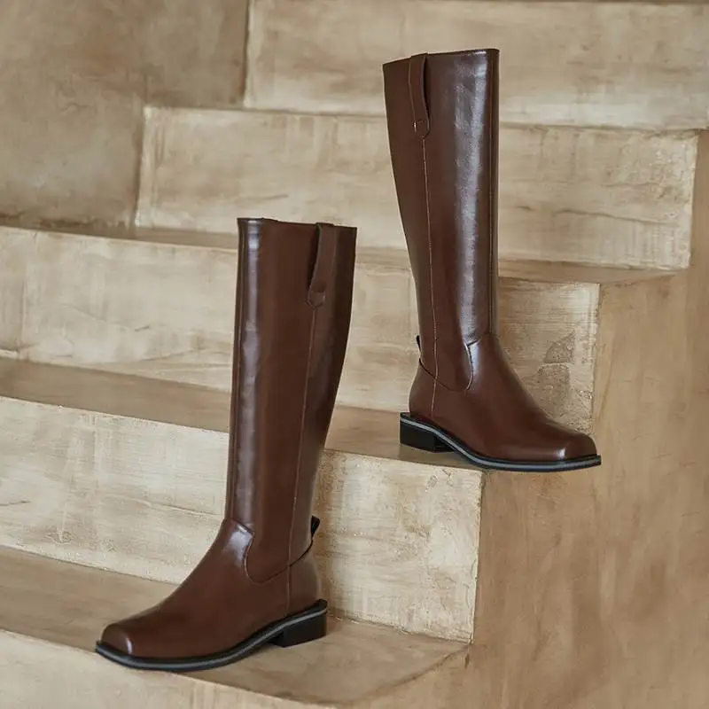 

Krazing pot cow leather square toe high fashion vintage boots thick low heels vacation pleated decoration thigh-high boots L47