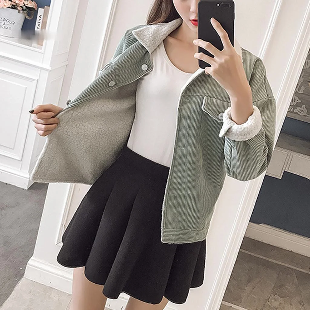 

Zoulv Denim Jacket Autumn Winter Women Long Sleeve Casual Single Breasted Corduroy Basic Jacket Lambswool Bomber Jacket
