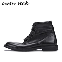 owen seak men casual shoes high top ankle riding boots retro genuine leather sneakers luxury trainers boots flat black shoes