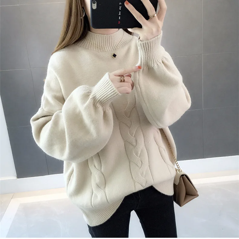 0.6 New Arrival Thick Winter Knitted Women Sweater Pink Half Turtleneck Solid Color Loose Pullover Korea | Женская одежда